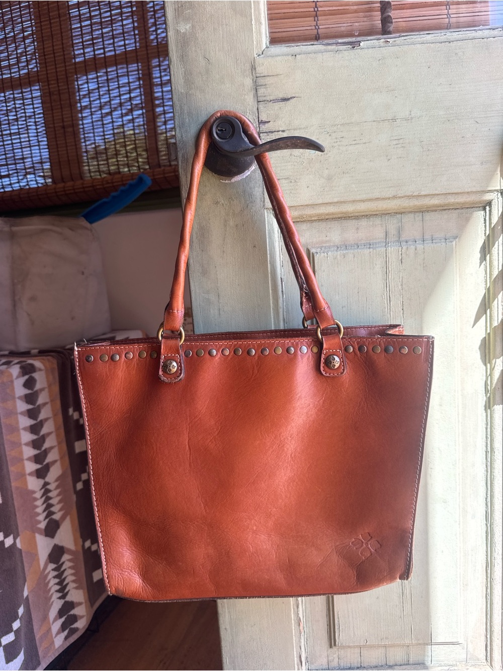 Patricia Nash Burnt Orange Leather Stud-Trim Shoulder Tote